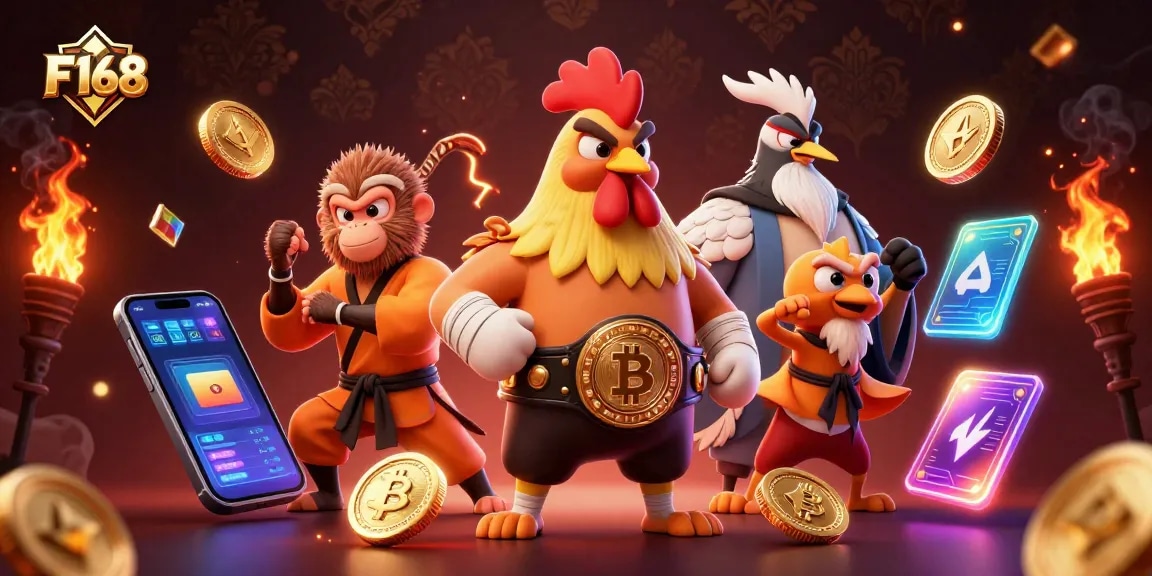 Engage in F168's vibrant casino realm with a fierce rooster and monkey martial artist.