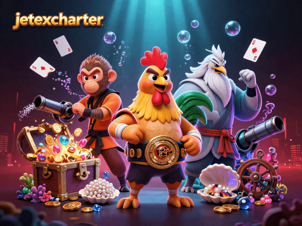 Experience jetexcharter action with dynamic casino elements featuring vibrant 3D characters and treasures.