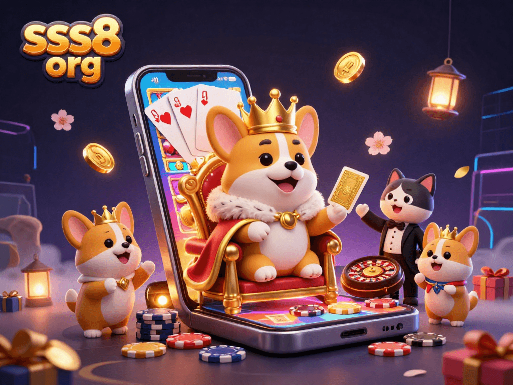 Play exciting games at sss8 org with a vibrant 3D illustration of a royal corgi and dynamic casino elements.