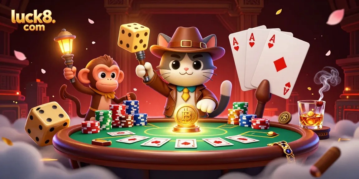 Explore thrilling wins at luck8. com with an adventurous cat and monkey in a vibrant casino setting.