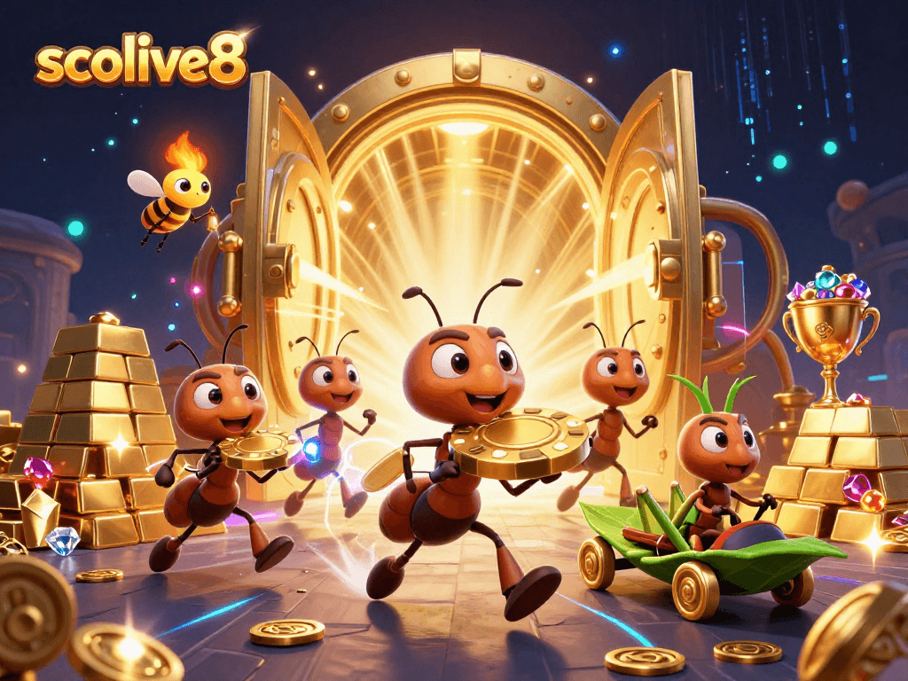 Experience the thrilling heist in socolive8 as playful ants escape with a giant golden poker chip.