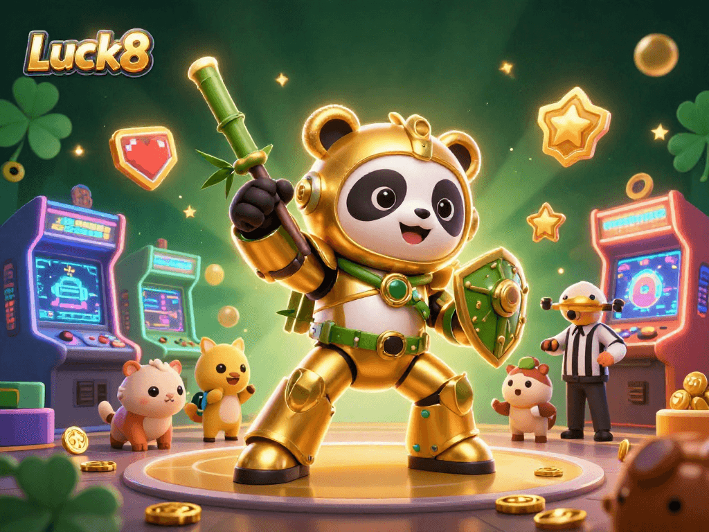 Engage with strategic Luck8 gameplay amidst vibrant 3D casino elements and lively characters.