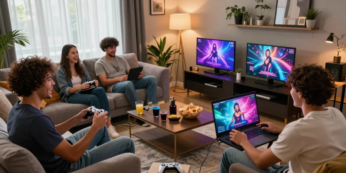 Friends enjoying lewdspot sex games together in a cozy living room