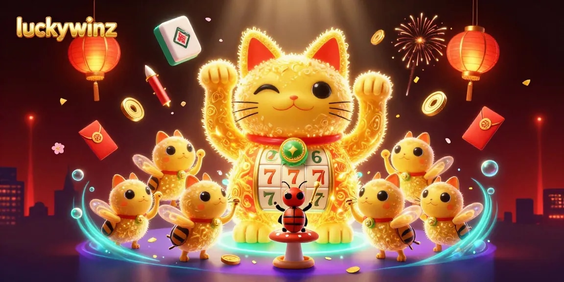 Experience the vibrant luckywinz casino world with a lively golden lucky cat and dynamic game elements.