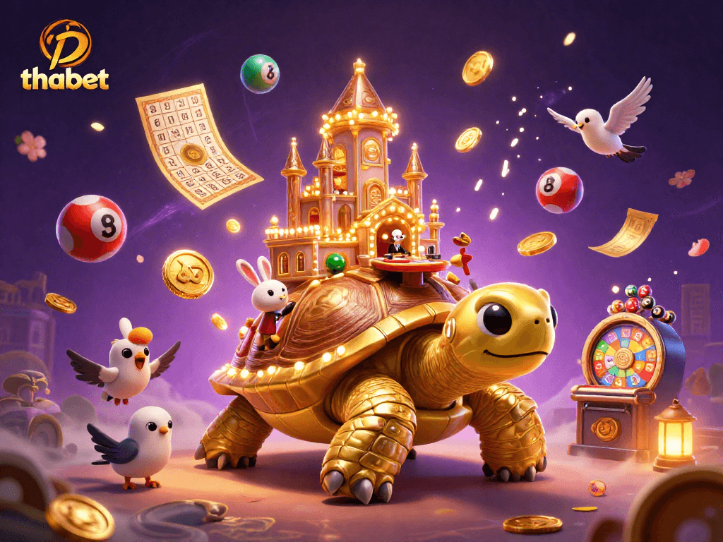 Experience thabet uniquely with a lively scene of a golden tortoise casino, showcasing exciting gambling elements.