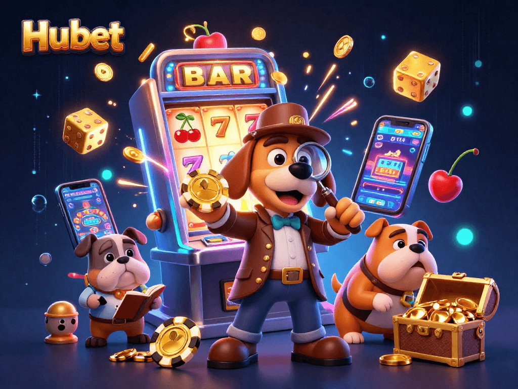 Engage in exciting gameplay at Hubet with slot machines and treasure hunt elements in a vibrant scene.