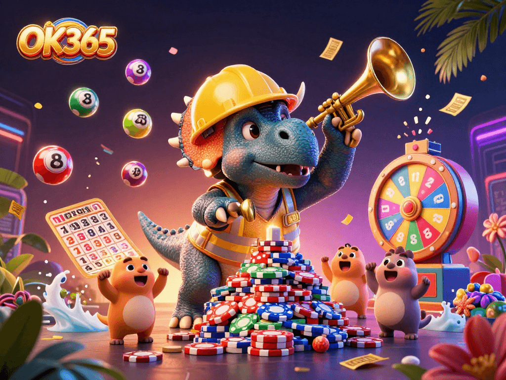 Engage with OK365’s entertainment as a cartoon triceratops builds poker chips and celebrates!