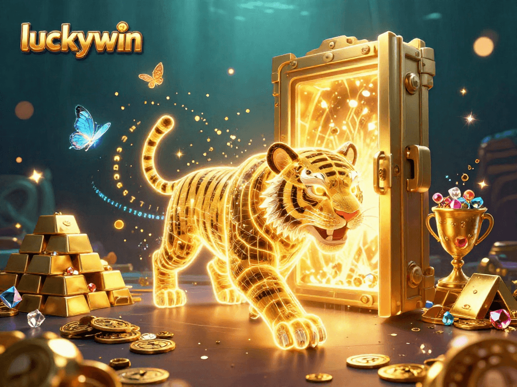 Witness the golden tiger of luckywin navigating a vibrant casino full of treasures and dynamic gaming elements.