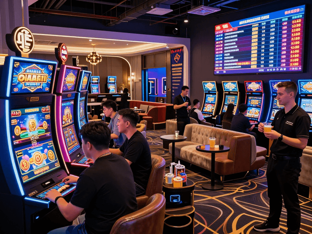 Experience the excitement of a crypto casino with players on vibrant gaming machines, showcasing cryptocurrency themes.