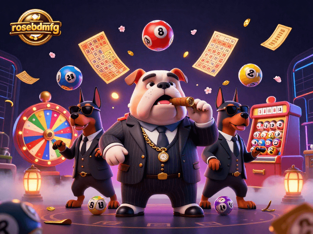 rosebudmfg showcases a lively casino scene featuring a mafia boss bulldog and two Doberman bodyguards, surrounded by colorful lottery elements.