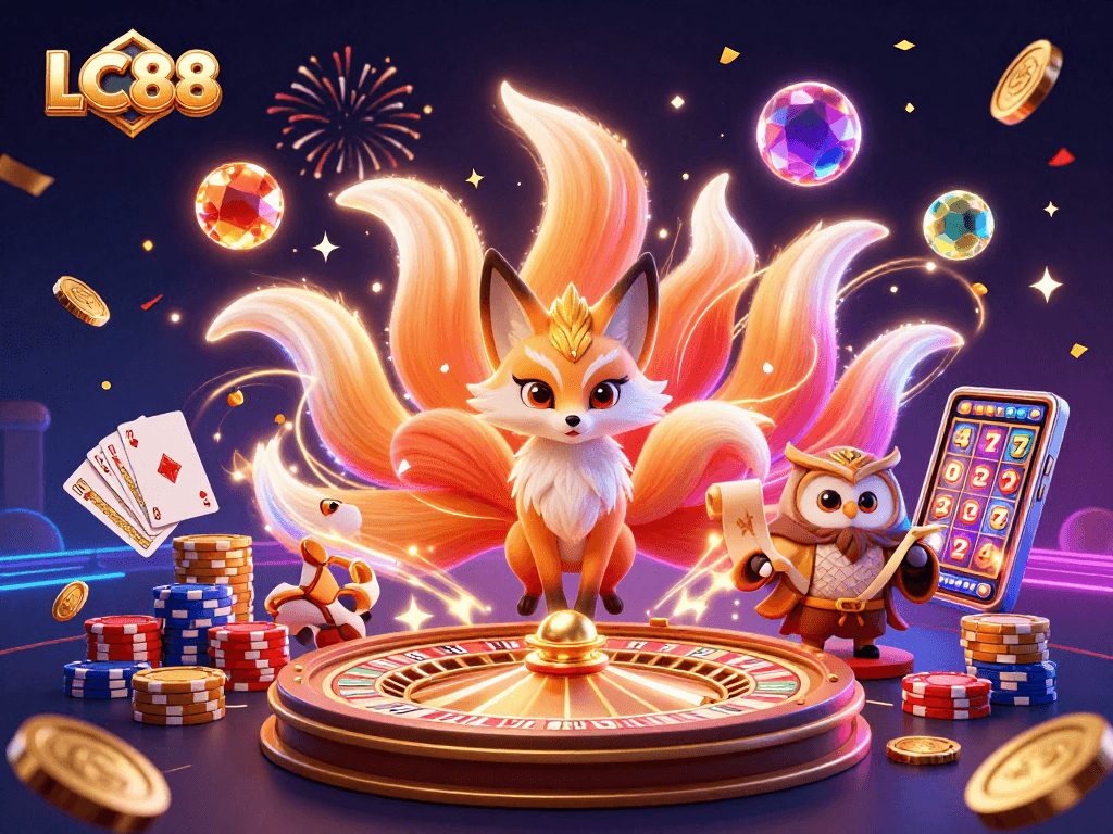 Engage with vibrant gaming experiences at LC88 featuring a dazzling nine-tailed fox spirit and an owl sage.