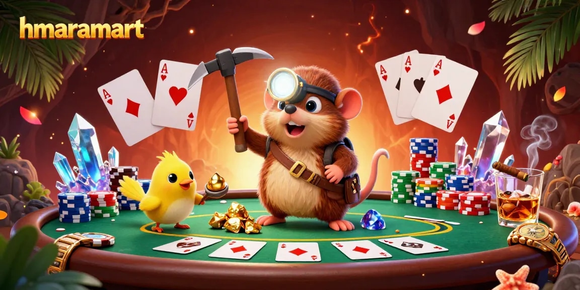 hmaramart treasure hunter mole exploring a glowing cave with poker elements around, dynamic casino scene
