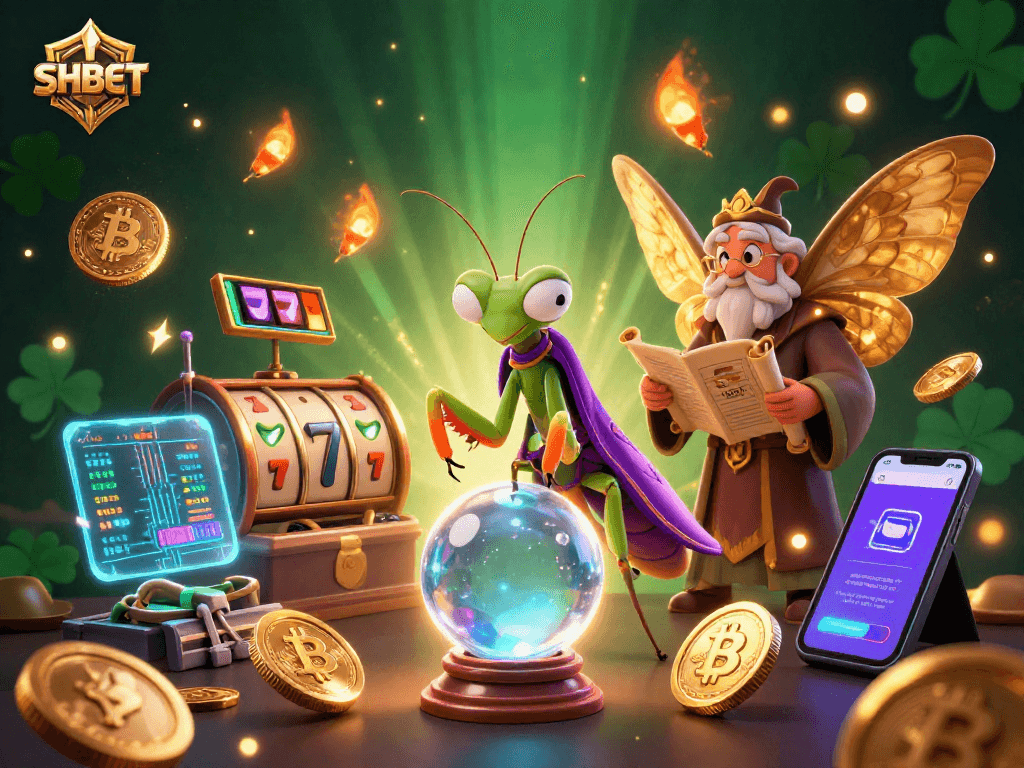 Experience SHBET's immersive slot gaming with a whimsical fortune teller and vibrant digital elements.
