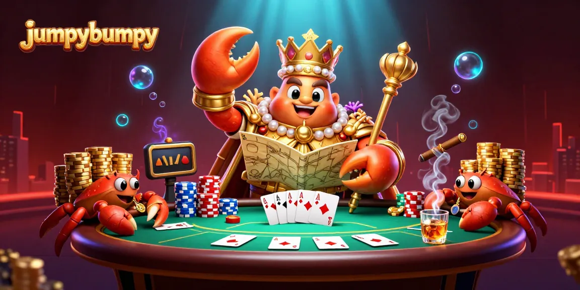 Win big at jumpybumpy with a vibrant 3D illustration of a golden crab emperor and poker elements