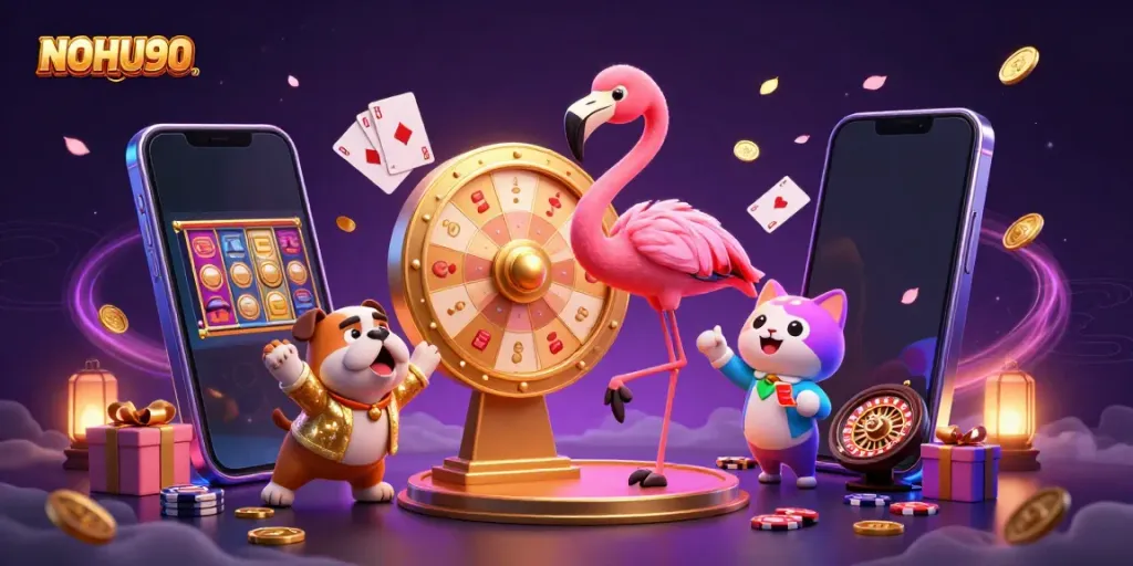 Engage with NOHU90's vibrant scene featuring casino elements and animated characters at a game show.