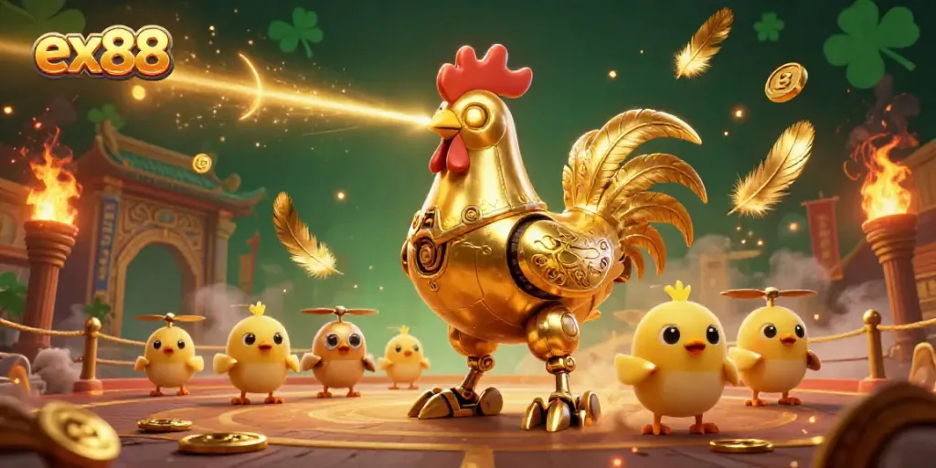 Experience the excitement of ex88 with a vibrant illustration featuring a golden rooster robot and chick drones in a dynamic casino scene.