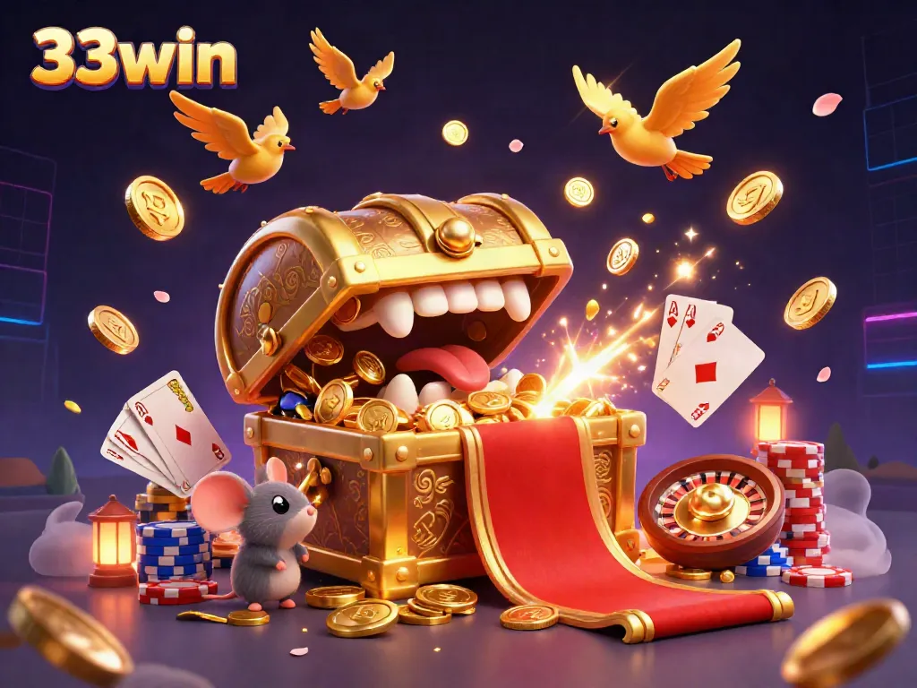 33win treasure chest mimic attracting players with golden coins in a vibrant casino setting.