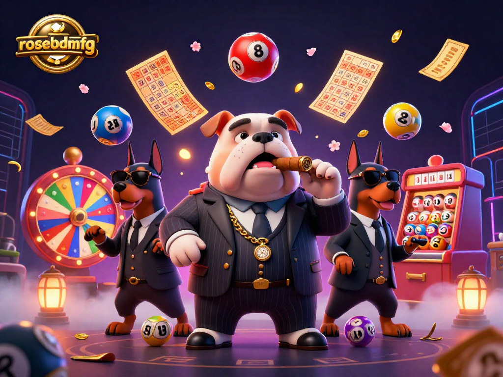 rosebudmfg showcases a lively casino scene featuring a mafia boss bulldog and two Doberman bodyguards, surrounded by colorful lottery elements.