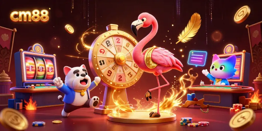 Join the excitement with cm88 as a 3D game show host reveals casino prizes in this vibrant illustration.