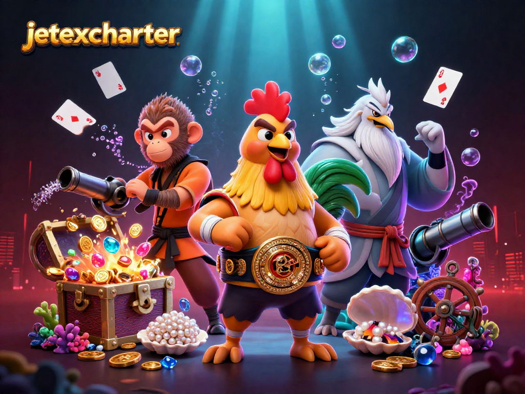 Experience jetexcharter action with dynamic casino elements featuring vibrant 3D characters and treasures.