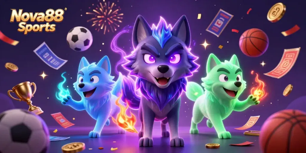 Engage in thrilling Nova88 Sports betting with a dynamic scene featuring ghostly wolf companions, sports elements, and vibrant effects.