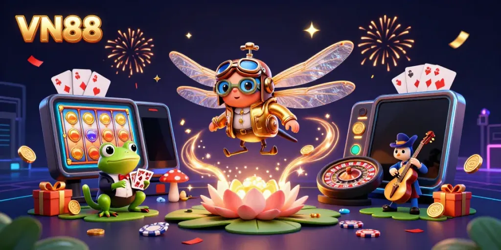 Experience vibrant gaming at VN88 with a lively dragonfly pilot and immersive casino elements.