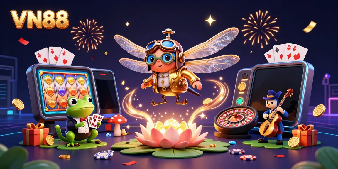 Experience vibrant gaming at VN88 with a lively dragonfly pilot and immersive casino elements.