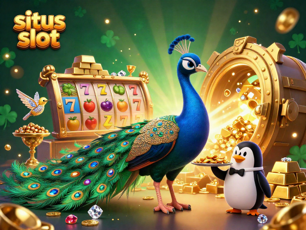 Engage with Situs Slot's dynamic illustration showcasing 3D characters amidst vibrant slot reels and treasures.