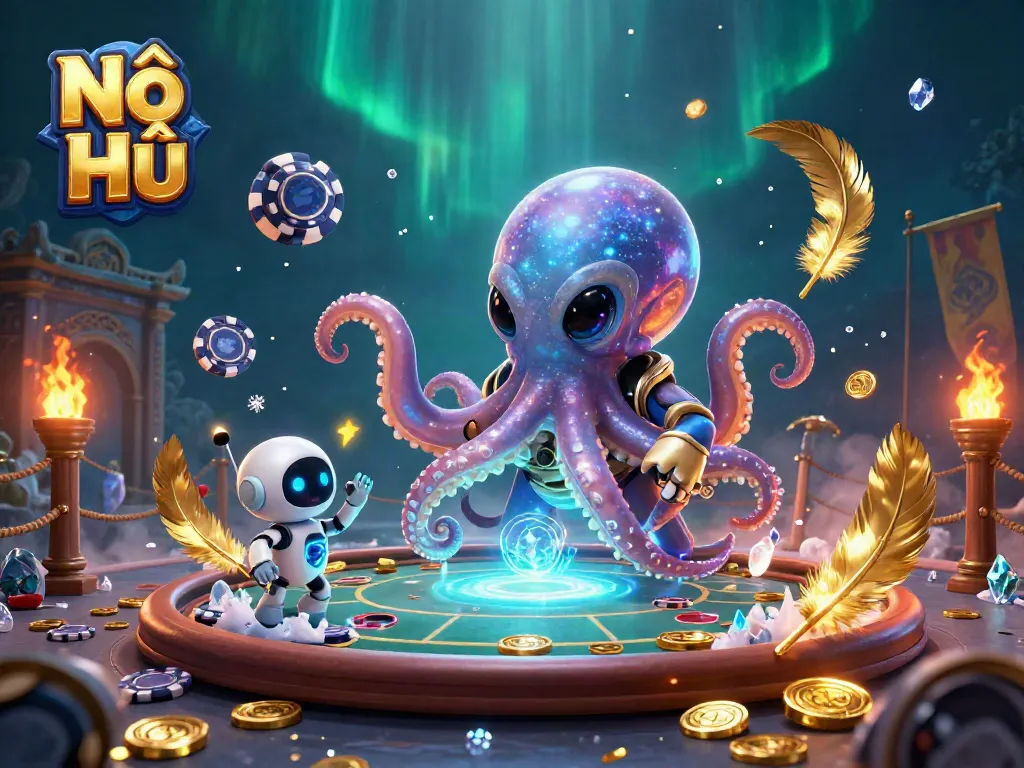 Nổ Hũ alien octopus mastering poker in a vibrant cosmic casino scene amidst swirling gold.