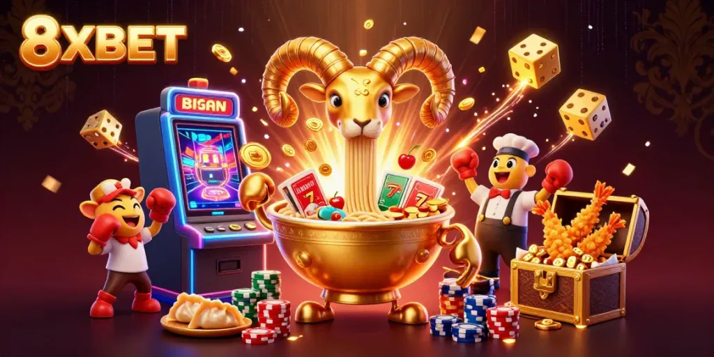 Engage in thrilling gameplay with the colorful casino scene featuring 8XBET's playful characters.