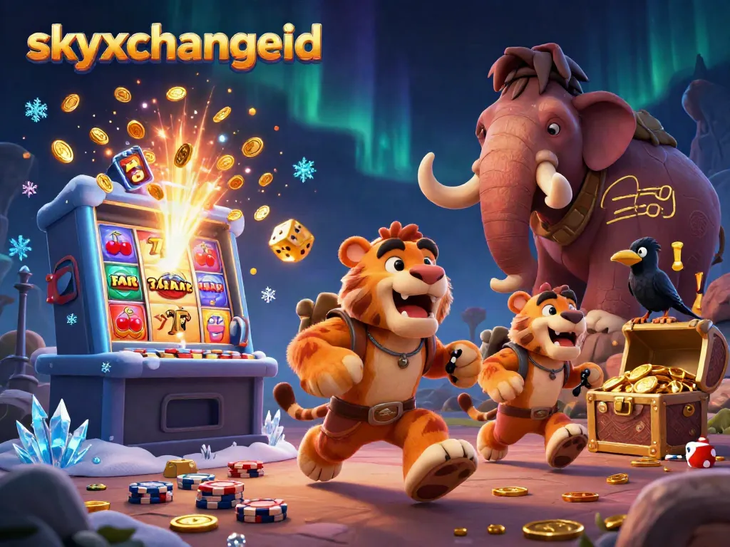 Experience thrilling gaming at skyxchangeid with a dynamic prehistoric casino scene featuring unique characters and exciting casino elements.