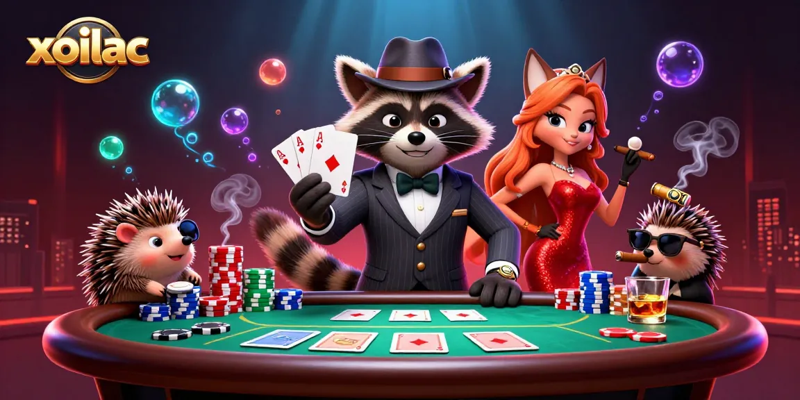Xoilac's raccoon poker master shows a royal flush in a lively casino scene.
