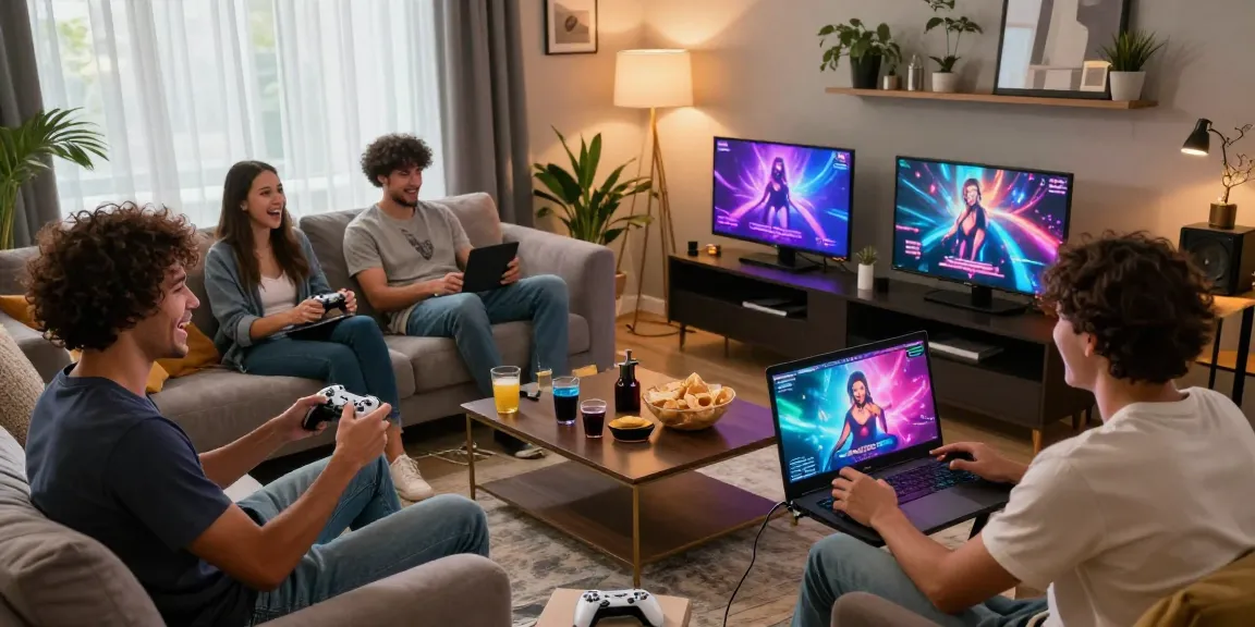 Friends enjoying lewdspot sex games together in a cozy living room