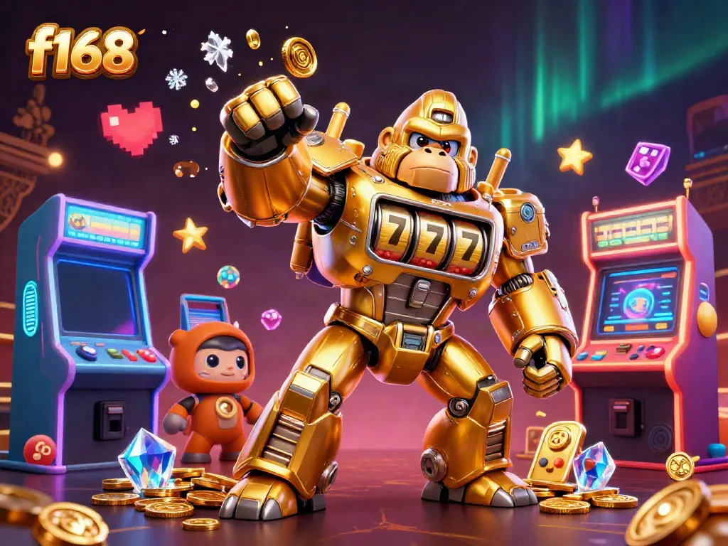 Experience thrilling wins with f168's dazzling 3D gaming scene, featuring a golden gorilla mech and lively arcade machines.