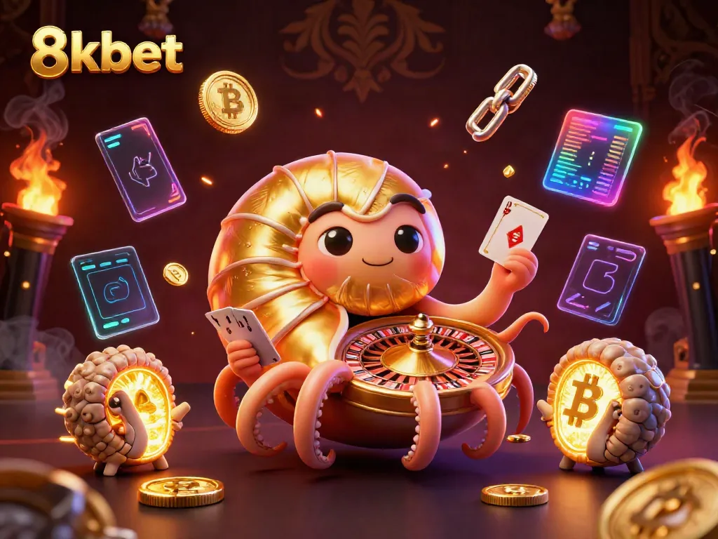 Experience the thrill of 8kbet with a dynamic 3D casino scene featuring a giant nautilus as a roulette wheel.