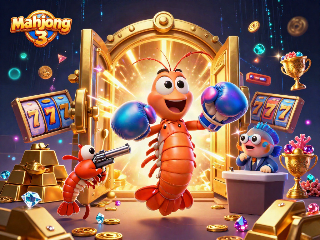 Play mahjong 3 in this vibrant, colorful casino scene showcasing golden rewards and exciting gameplay elements.