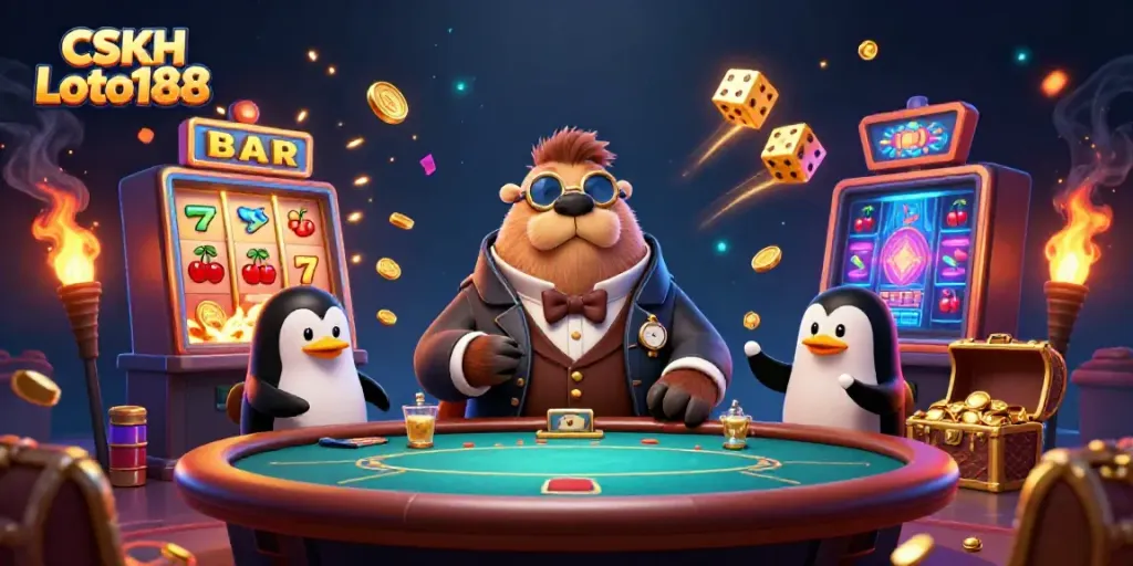Engage in thrilling games at CSKH Loto188 featuring vibrant characters and lively casino atmosphere.
