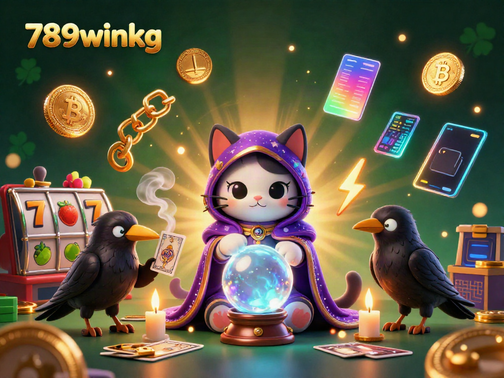 Engaging 789winkg casino scene featuring mystic characters, bitcoin coins, and vibrant slot elements.