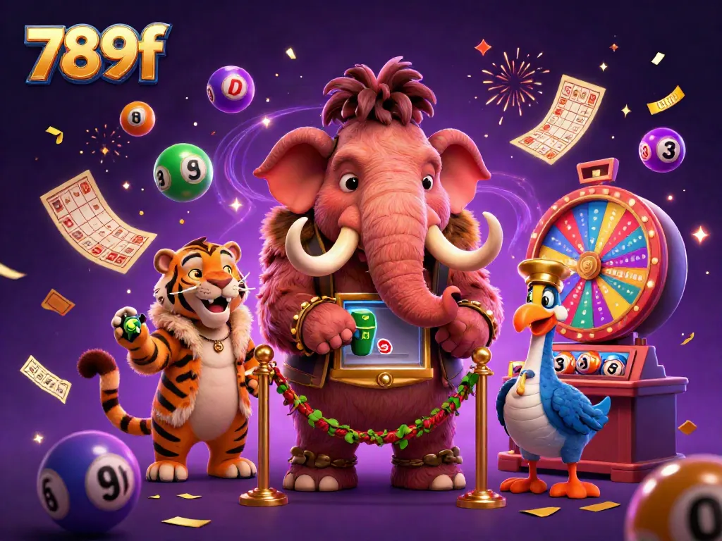 Engage with 789f's vibrant casino atmosphere, where a woolly mammoth bouncer checks IDs amidst colorful games and dynamic elements.