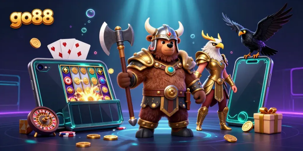 Engage with go88's thrilling slots through a vibrant 3D illustration featuring Viking and Valkyrie characters.
