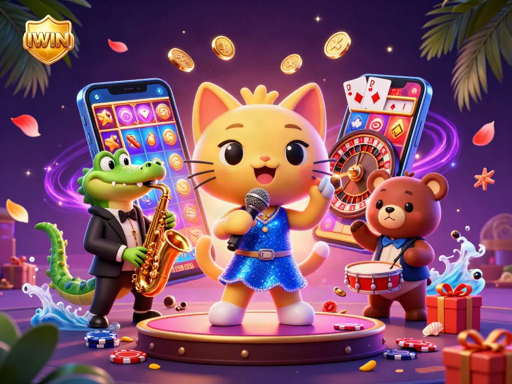 IWIN showcases a vibrant casino scene featuring a jazz-singer cat, a saxophone crocodile, and a drum-playing bear amidst a dazzling array of slot game elements.