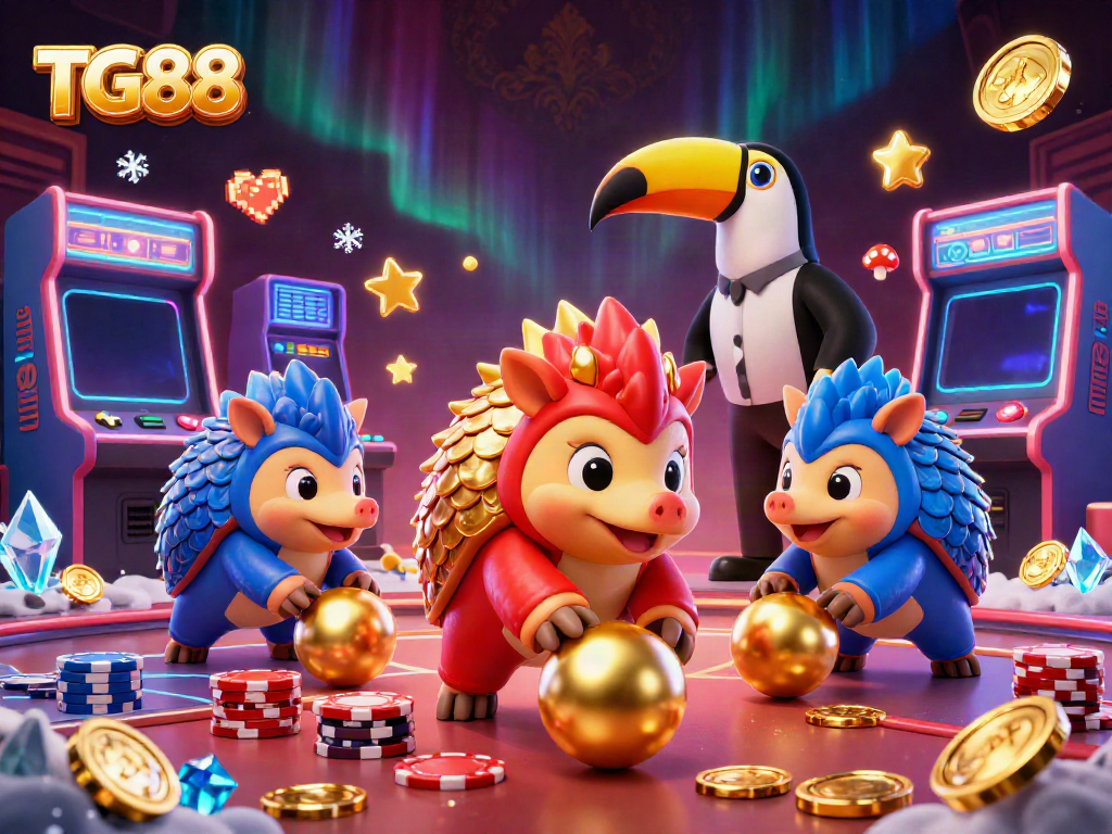 Engaging 3D scene showcasing TG88 with pangolins competing in a casino-themed game amidst vibrant decorations.