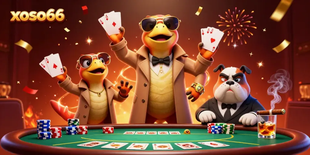 Experience the thrilling VIP entrance of xoso66 with cartoon raptors disguised, surrounded by vibrant casino elements.
