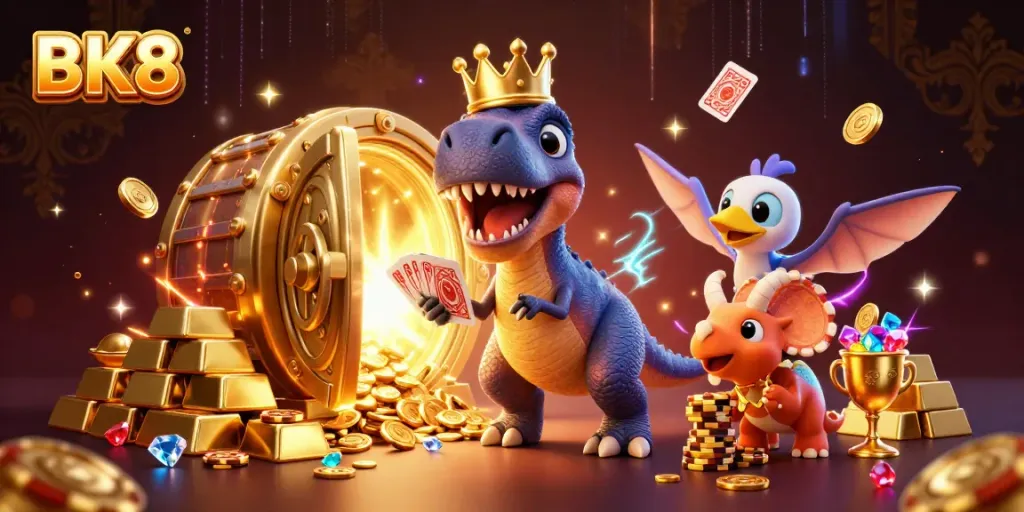BK8 showcases a vibrant 3D scene with a T-Rex and friends engaging in casino card play, surrounded by treasures.