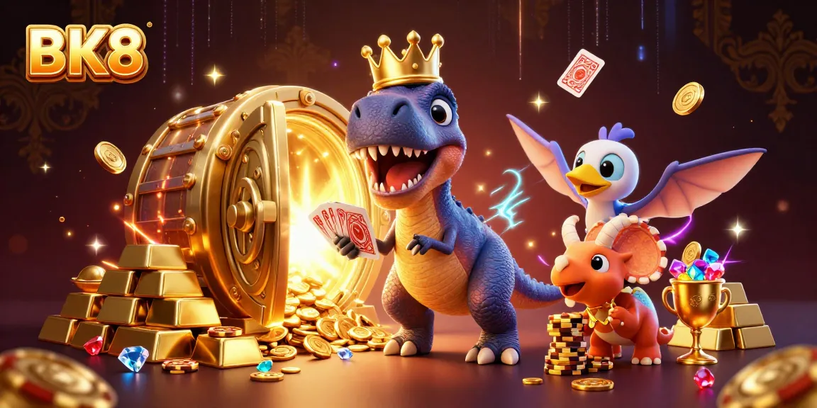 BK8 showcases a vibrant 3D scene with a T-Rex and friends engaging in casino card play, surrounded by treasures.