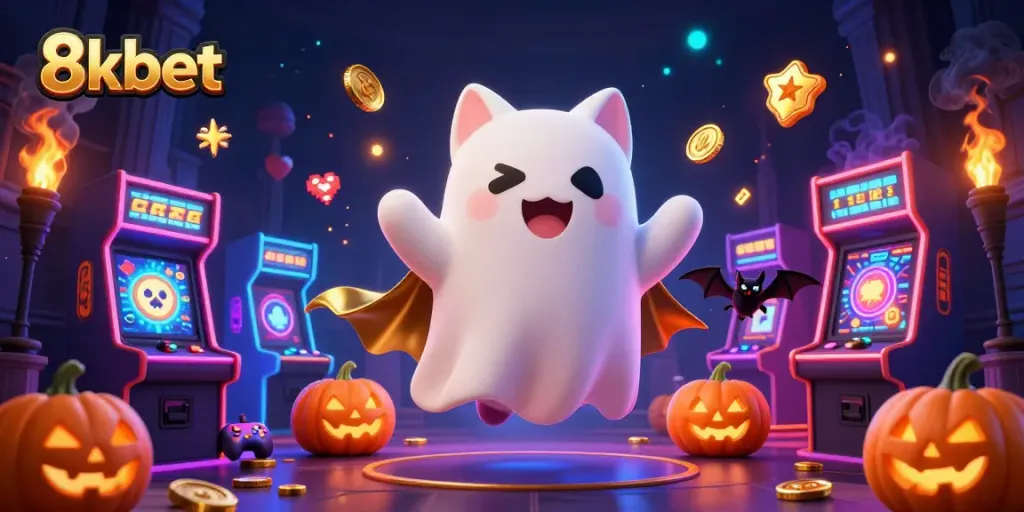 8xbet ghost cat navigates a haunted casino with vibrant 3D arcade machines and glowing jack-o-lanterns.