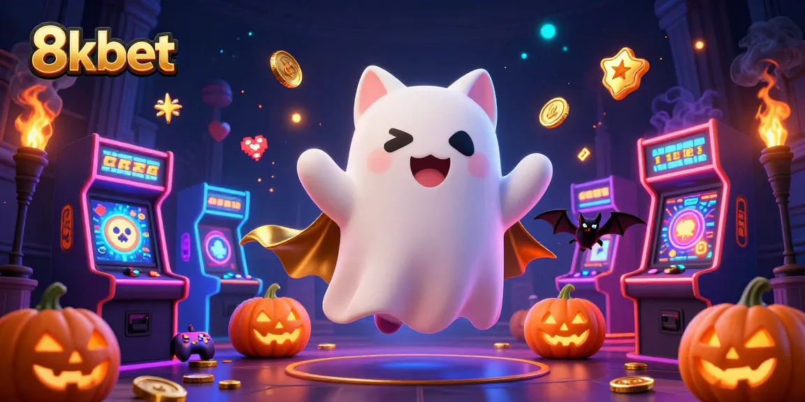 8xbet ghost cat navigates a haunted casino with vibrant 3D arcade machines and glowing jack-o-lanterns.