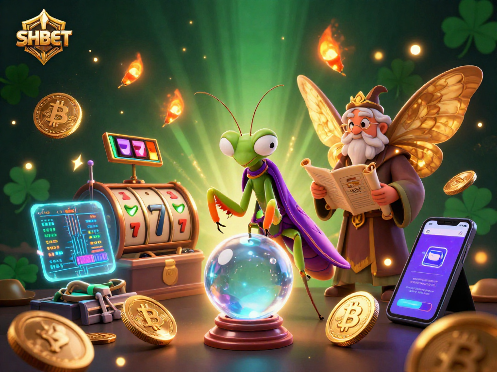 Experience SHBET's immersive slot gaming with a whimsical fortune teller and vibrant digital elements.