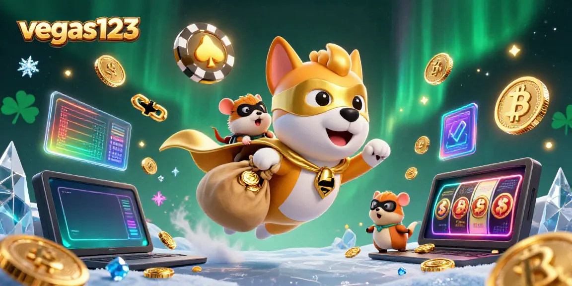 Gambarkan anjing pahlawan 3D dengan kostum emas dan hamster bersamanya, simbol chip poker dan elemen kasino vegas123.