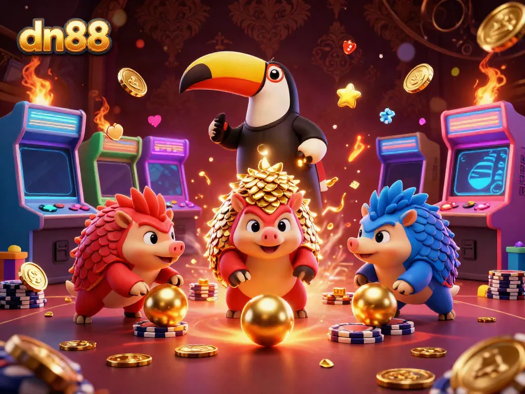 Experience the excitement of dn88 with rival pangolins in a dynamic casino scene filled with colorful game elements.